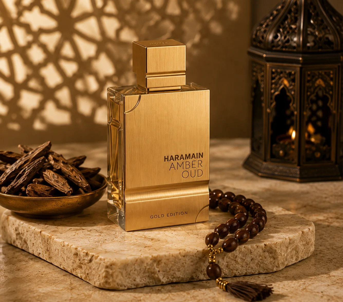 Amber oud fragrance arranged for a warm evening ritual